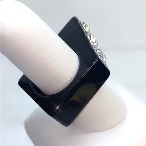 Black Acrylic Statement Ring Embellished With Genuine Crystals, Geometric Design - Picture 10 of 13